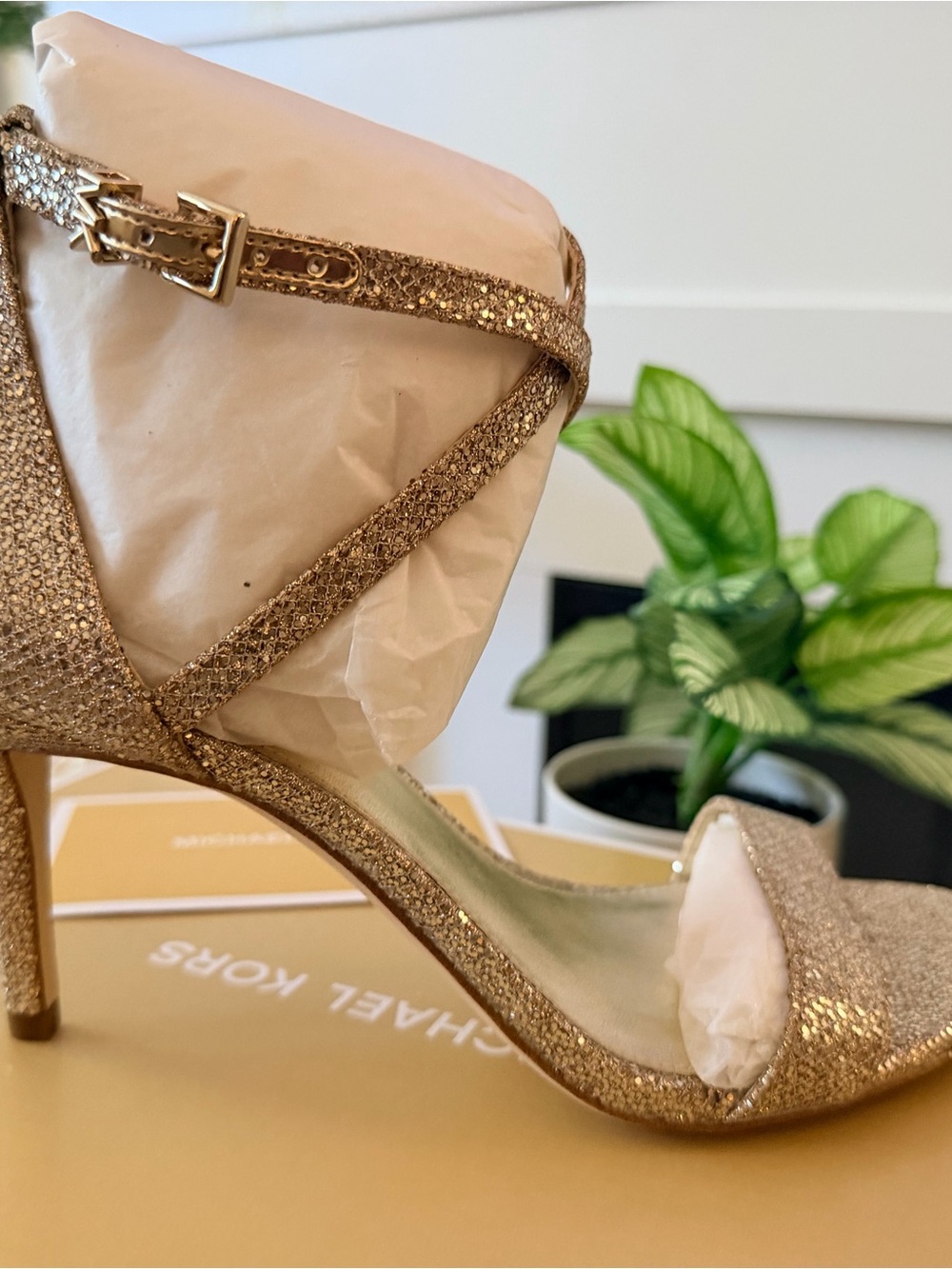 Michael Kors Rose Gold Glitter Strappy High Heel Sandal